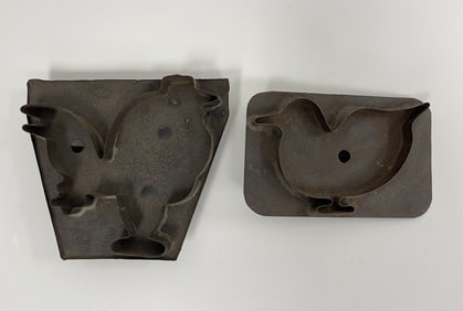2 SHEET IRON COOKIE CUTTERS, ROOSTER & DUCK SHAPES