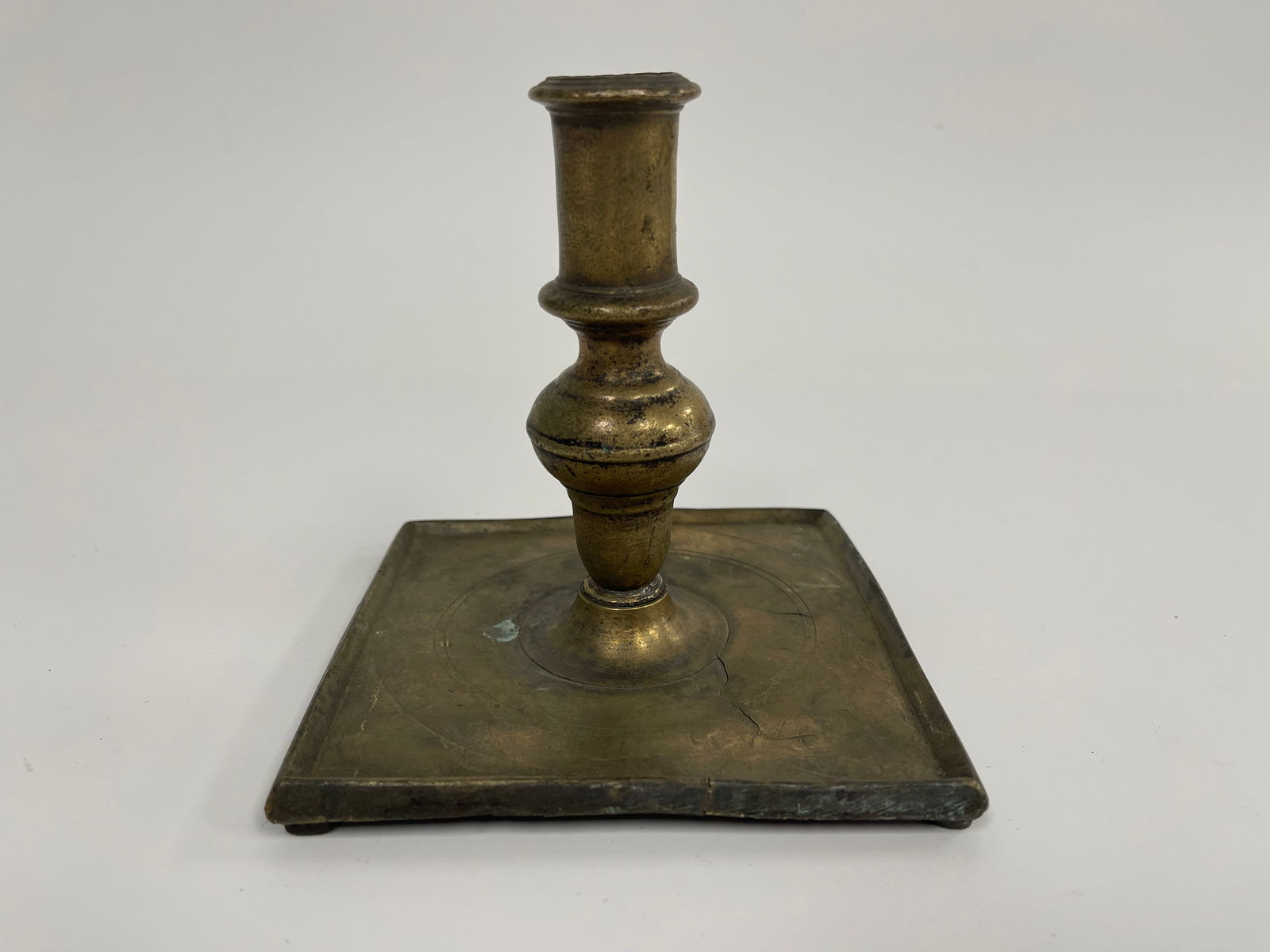 17TH C DUTCH BRASS, SQUARE BASE CANDLESTICK (1 of 4)