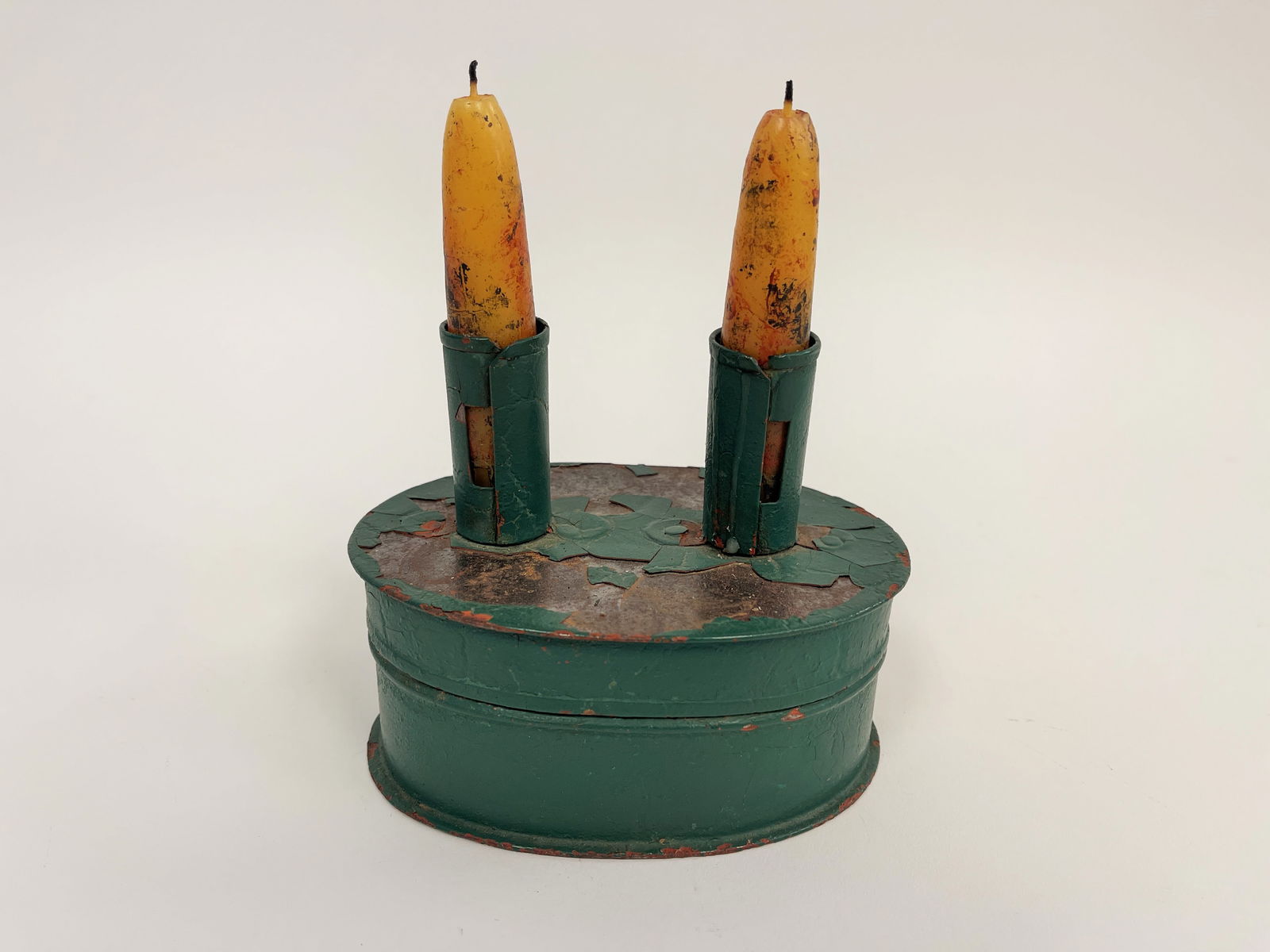 GREEN PAINTED CANDLE HOLDER , LIFT TOP COVER (1 of 3)