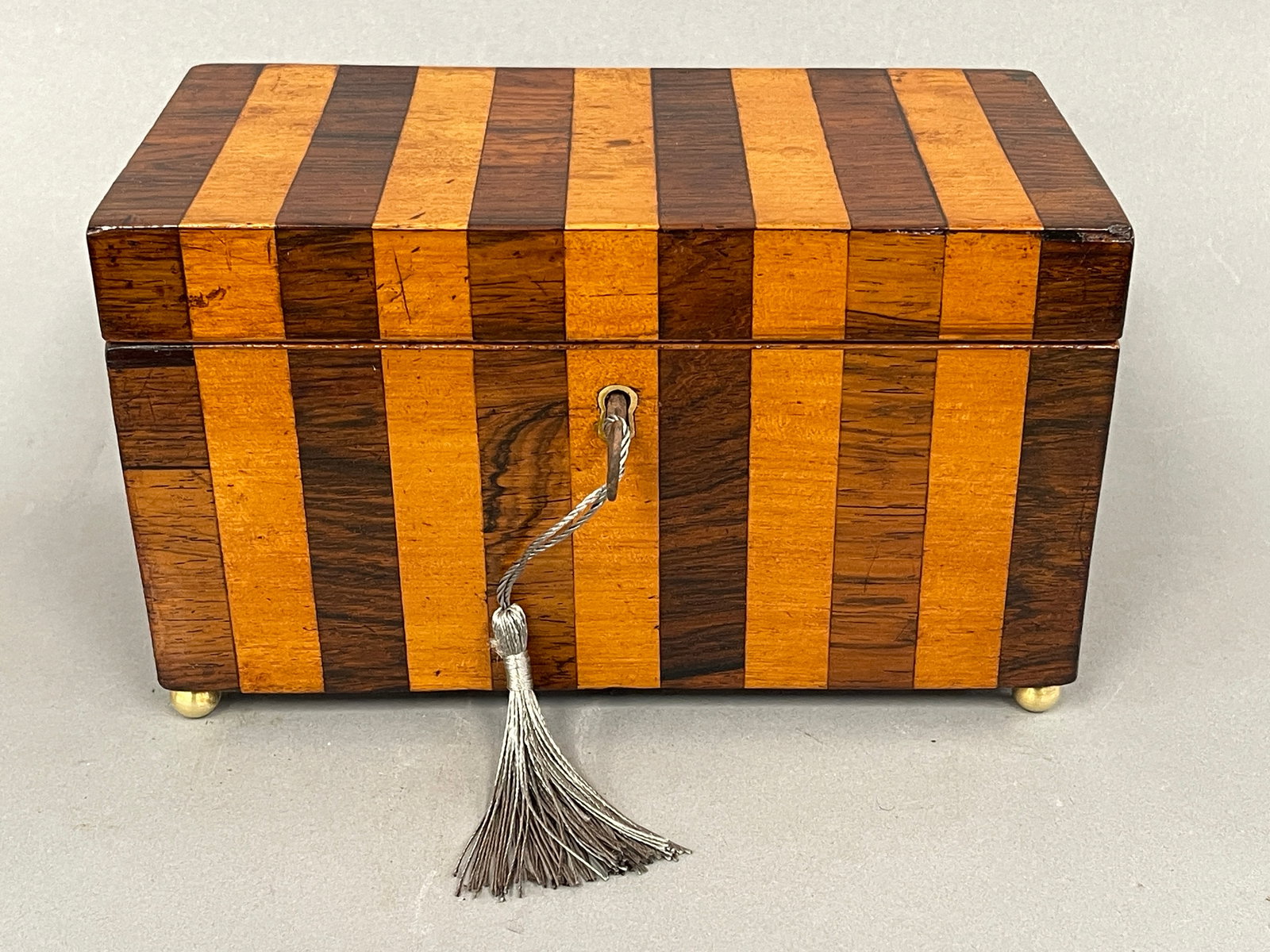 ROSEWOOD AND SATINWOOD STRIPED TEA CADDY: ROSEWOOD AND SATINWOOD STRIPED TEA CADDY 19TH C ENGLISH 8" X 4" X 5"