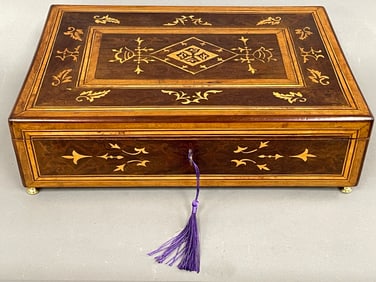 19TH C INLAID DOCUMENT BOX ON BRASS FEET