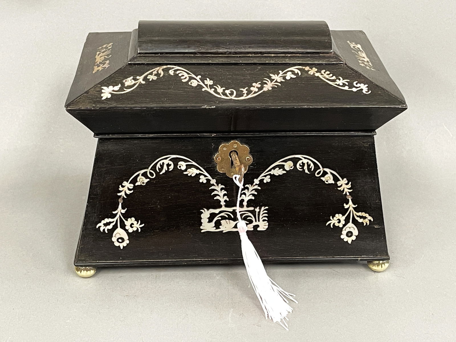 19TH C SARCOPHAGUS EBONY TEA CADDY (1 of 7)