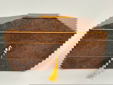 19TH C SARCOPHAGUS TOP BURL TEA CADDY