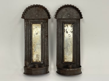 PAIR OF SHEET IRON MIRRORED SCONCES