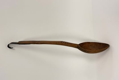 EARLY WOODEN SPOON W/ FORGED IRON HANGER