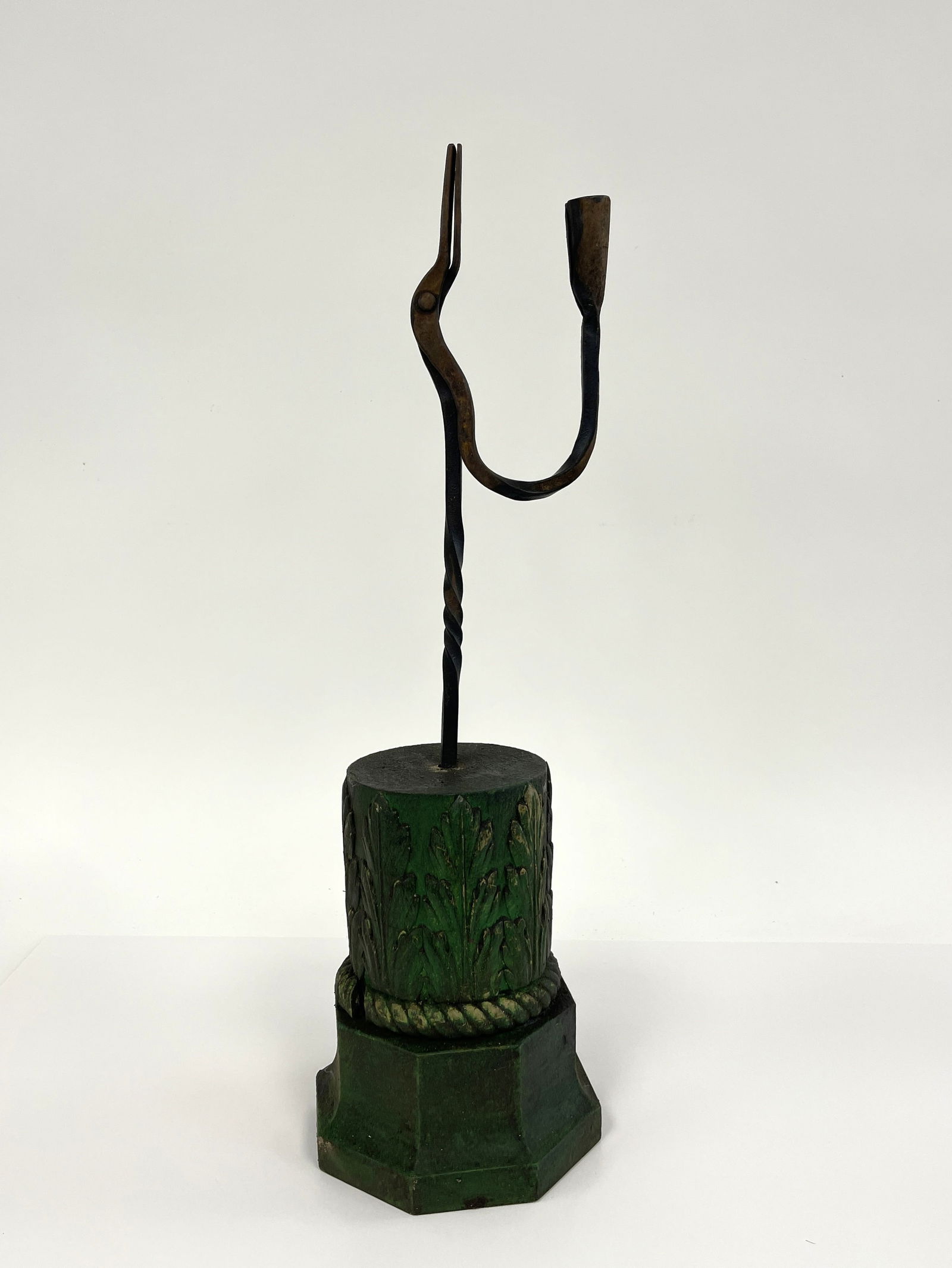 FORGED IRON CANDLE & RUSH LIGHT ON PAINTED GREEN CARVED BASE (1 of 3)