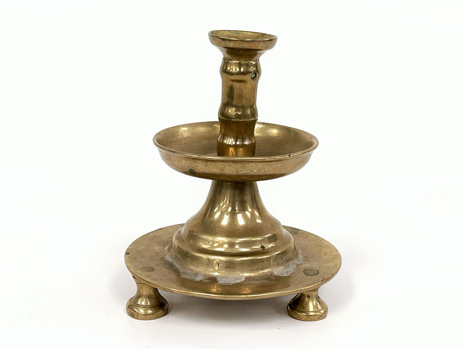 EARLY 18TH C BRASS 3-FOOTED TAPER STICK (1 of 3)