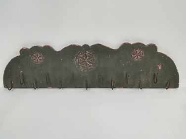 19TH C PA GERMAN PINWHEEL CARVED HOOK RACK IN OLD GREEN PAINT WI HOOKS