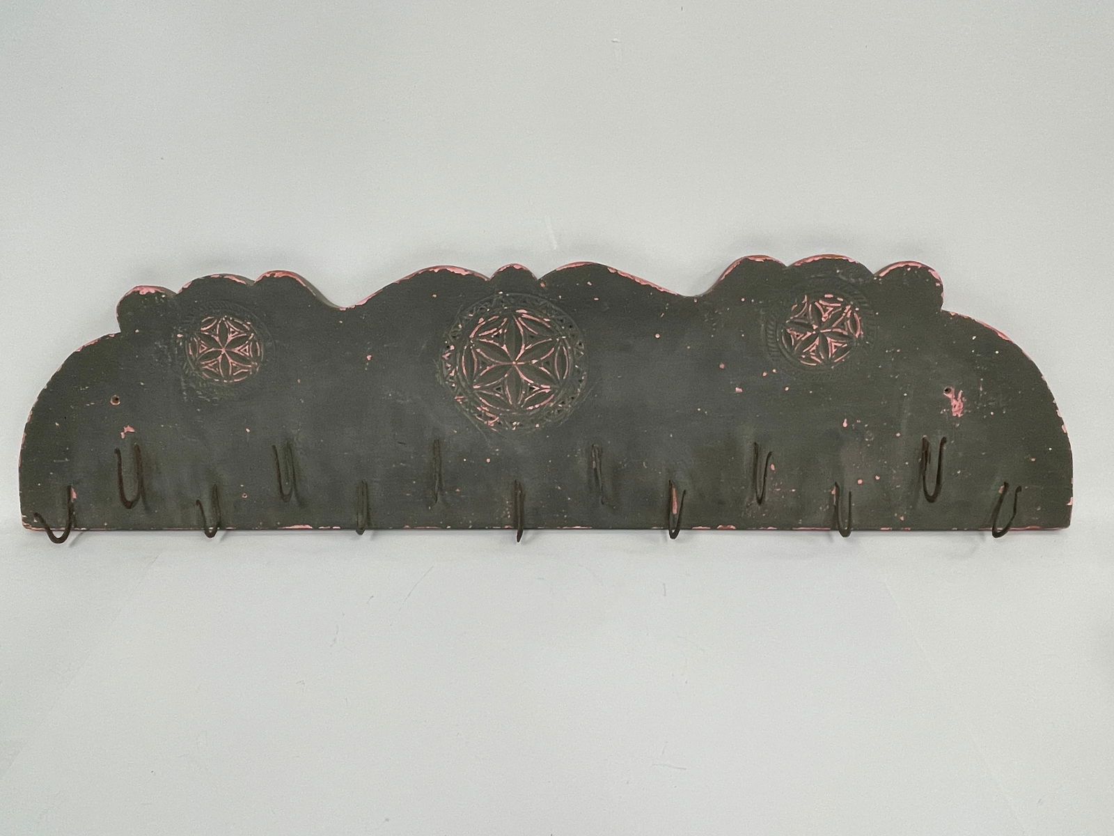 19TH C PA GERMAN PINWHEEL CARVED HOOK RACK IN OLD GREEN PAINT WI HOOKS (1 of 4)