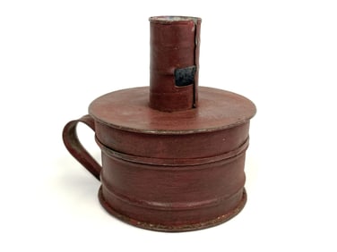 EARLY SHEET IRON TINDER BOX IN THE OLD RED PAINT