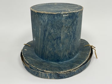 UNUSUAL BLUE WALLPAPER TOP HAT SHAPED BOX W/ COVER,WITH ORIGINAL HAT INSIDE