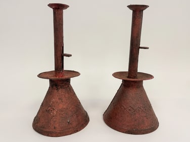 PAIR OF SHEET IRON SAND BASED PUSH UP CANDLESTICKS IN THE OLD CRAZILY RED PAINT FINISH