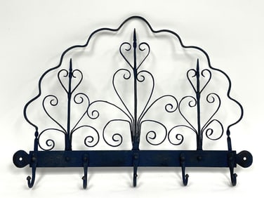 PRUSSIAN BLUE FANCY TOPPED UTENSIL RACK IN FORGED IRON