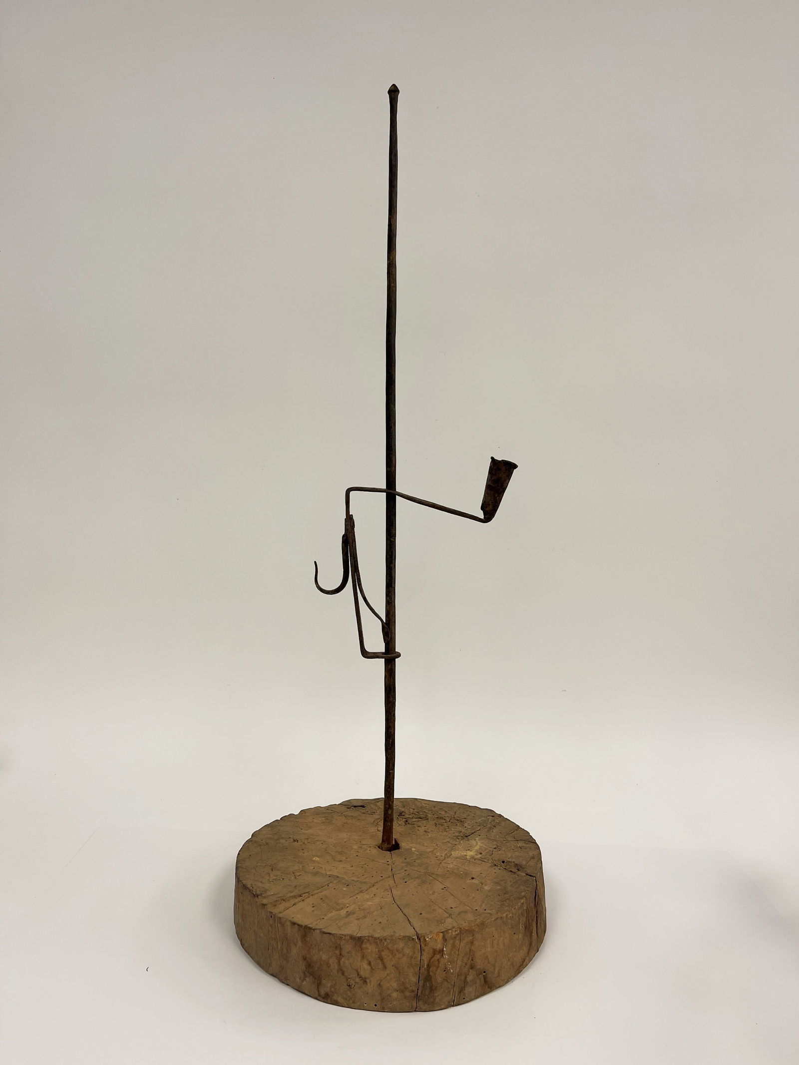 17TH C LIGHTING DEVICE W/ ANCIENT WOODEN DISC BASE & STRANGE FORGED IRON FINIAL (1 of 3)