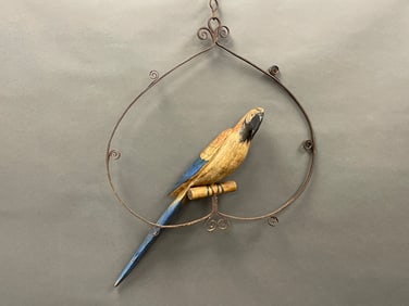 LIFE SIZE CARVED & POLYCHROMED WOODEN PARROT ON A OLD IRON HANGER
