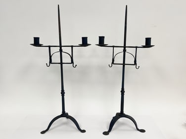 PAIR OF QUEEN ANNE BASED ADJUSTABLE DOUBLE-SOCKETED CANDLE HOLDERS IN THE UNUSUAL OLD BLUE COLOR