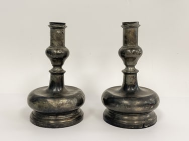 17TH C STYLE PAIR OF BIG PEWTER BALL BASED PEWTER CANDLESTICKS