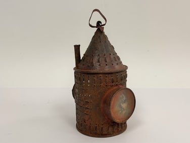 SMALL PIERCED IRON , RED PAINTED PAUL REVERE LANTERN W/ HANGER