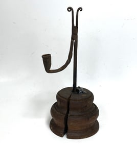 18TH C IRON RUSH LIGHT ON WOOD BASE