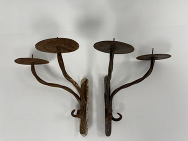 A PAIR OF 19TH C FORGED IRON HANGING DOUBLE PRICKET CANDLE HOLDER
