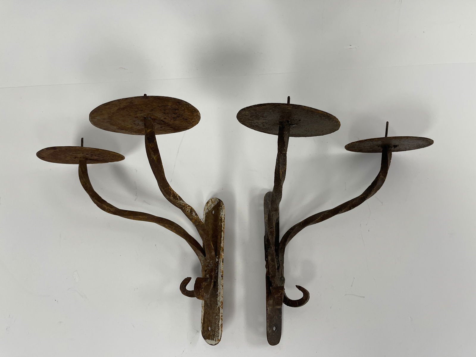 A PAIR OF 19TH C FORGED IRON HANGING DOUBLE PRICKET CANDLE HOLDER (1 of 4)