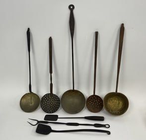 GROUP OF 8 18TH C BRASS AND IRON UTENSILS