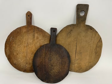 3 EARLY WOODEN BREAD CUTTING OR BAKING BOARDS