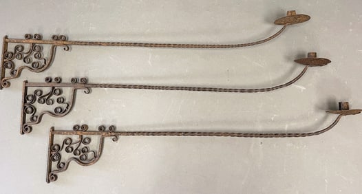 THREE FANCY FORGED LONG IRON CANDLE ARMS FROM WALL HANGERS
