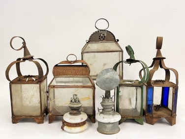 ASSORTMENT OF 8 UNUSUAL,MOSTLY OVERSIZED TIN LANTERNS