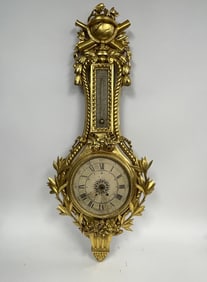 FRENCH GILT THERMOMETER/CLOCK IN FABULOUS ORIGINAL GILT FINISH & GREAT PAINT DIAL