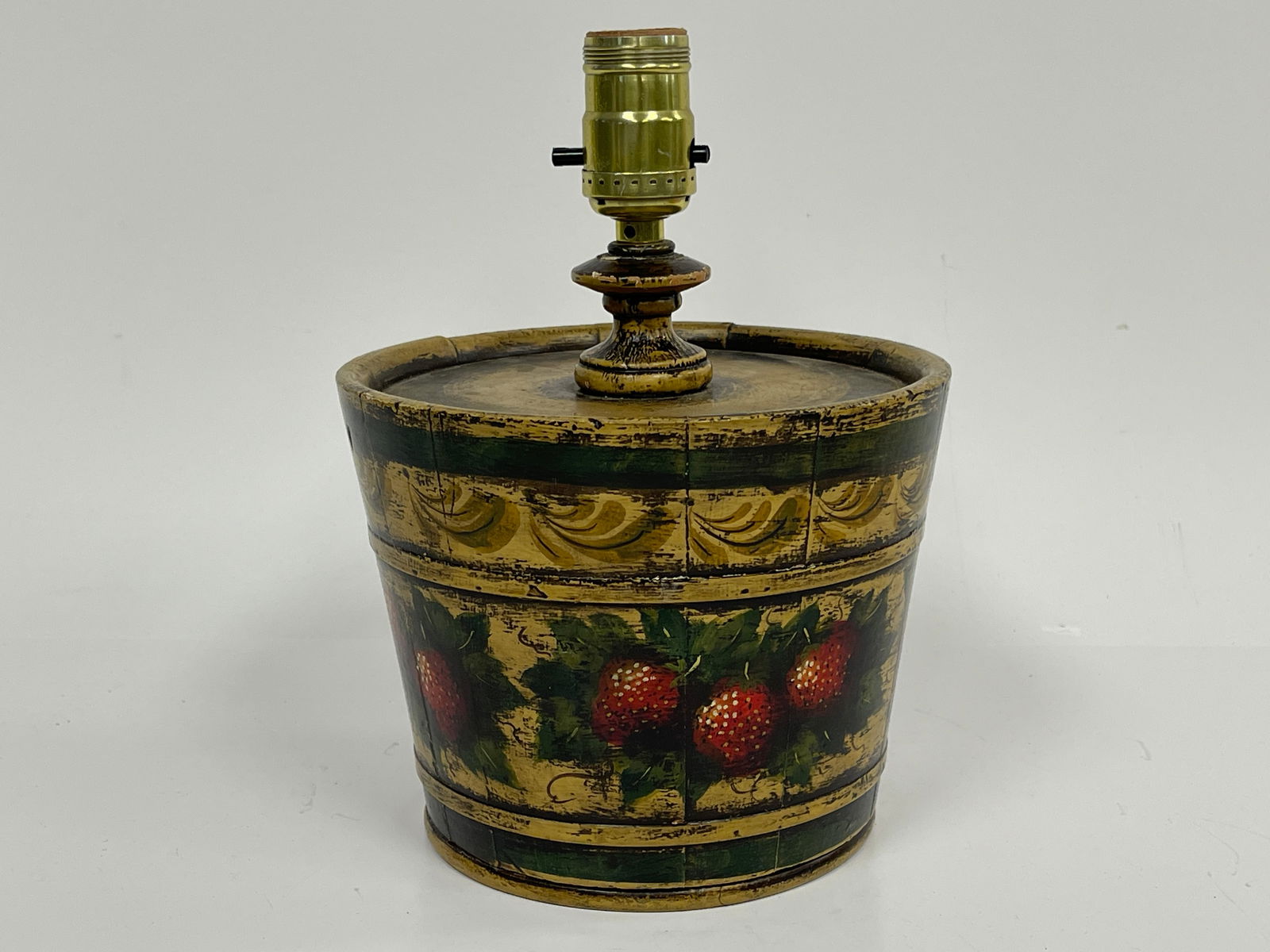 PETER OMPIR WOODEN BUCKET LAMP PAINTED W/MUSTARD,GREEN,STRAWBERRIES (1 of 3)