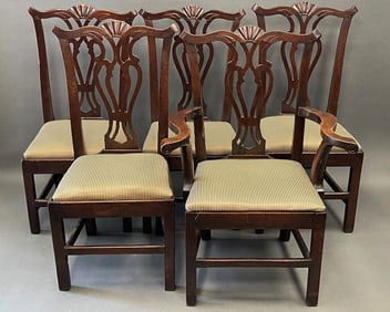 SET OF FIVE AMERICAN WALNUT STRAIGHT LEGGED,SLIP SEATED, CONNECTICUT CHIPPENDALE CHAIRS W/ FAN