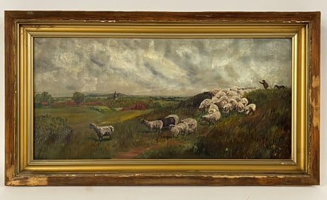 O/C SHEEP PAINTING WITH TOWN IN THE BACKGROUND