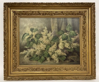 19TH C O/C PAINTING OF LILACS SIGNED SANBORN LL