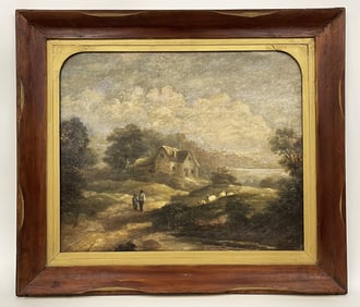 O/C PAINTING PEOPLE WALKING ON A FARM