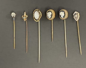 MISC HAT PINS, ONE MARKED 14K , OTHERS UNTESTED