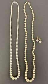 TWO STRANDS OF PEARLS WITH 14K CLASPS W/ PAIR OF PEARL EARRINGS MARKED 14K