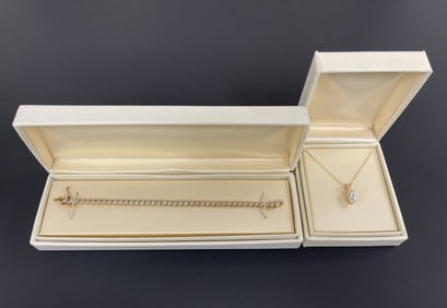 14K TENNIS BRACELET 7" , 14K PENDANT 18"