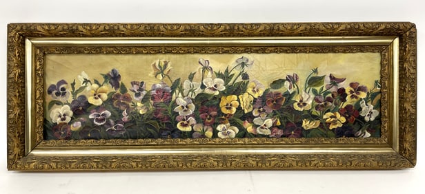 OIL CANVAS PAINTING PANSIES , PORTLAND ME LABEL