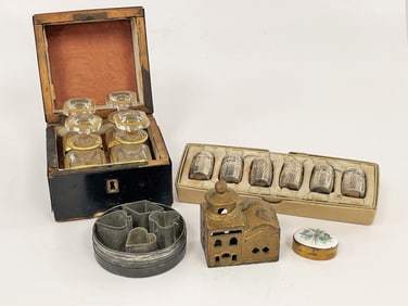 ESTATE ITEMS , BOX W BOTTLES , STERLING SALTS , BANKS , ETC.