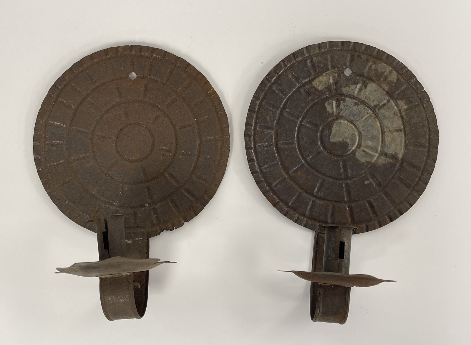 EARLY PAIR OF ROUND SHEET IRON CANDLE SCONCES (1 of 4)