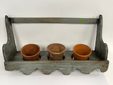 GRAY-BLUE PAINTED HANGING RACK W/3 OLD CLAY FLOWER POTS
