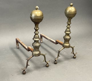 PAIR OF FEDERAL BRASS ANDIRONS WITH CANNON BALL FINIALS