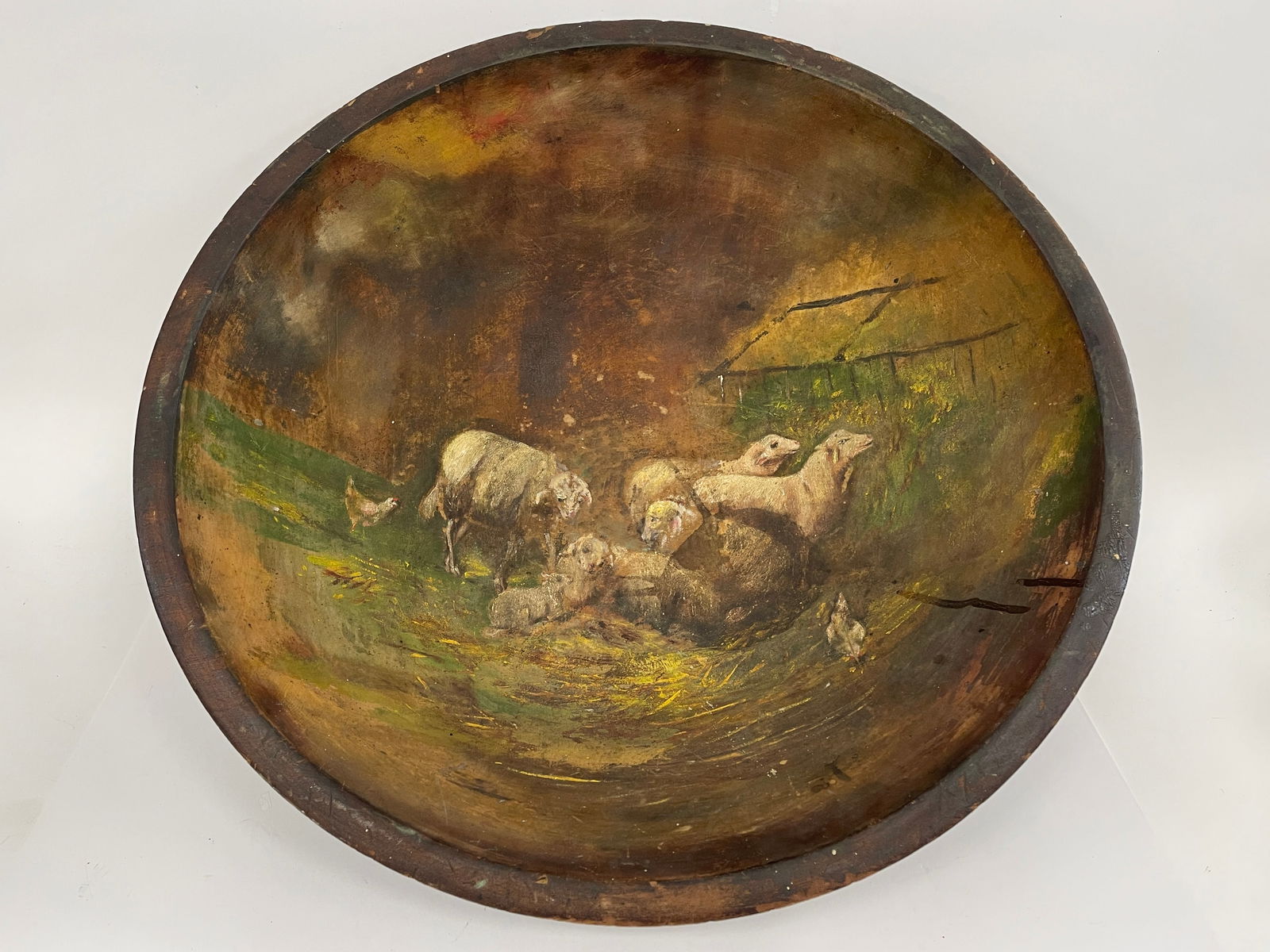 HUGE PRIMITIVE BOWL 24" BOWL WITH A SHEEP PAINTING ON THE INSIDE (1 of 5)