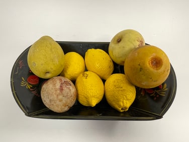 EIGHT PIECES OF ALABASTER & STONE FRUIT TOLE TRAY