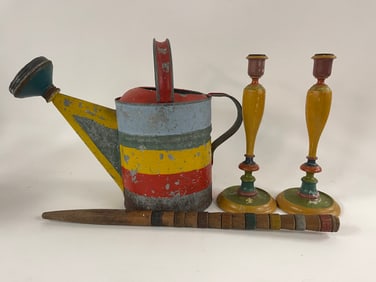 PAINTED WATERING CAN & OTHER PAINTED ITEMS