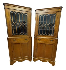 MATCHED PAIR OF TIGER MAPLE CORNER CUPBOARDS
