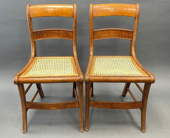 PAIR OF CURLY MAPLE KLISMOS CHAIRS WITH CANE SEATS 1820-1840