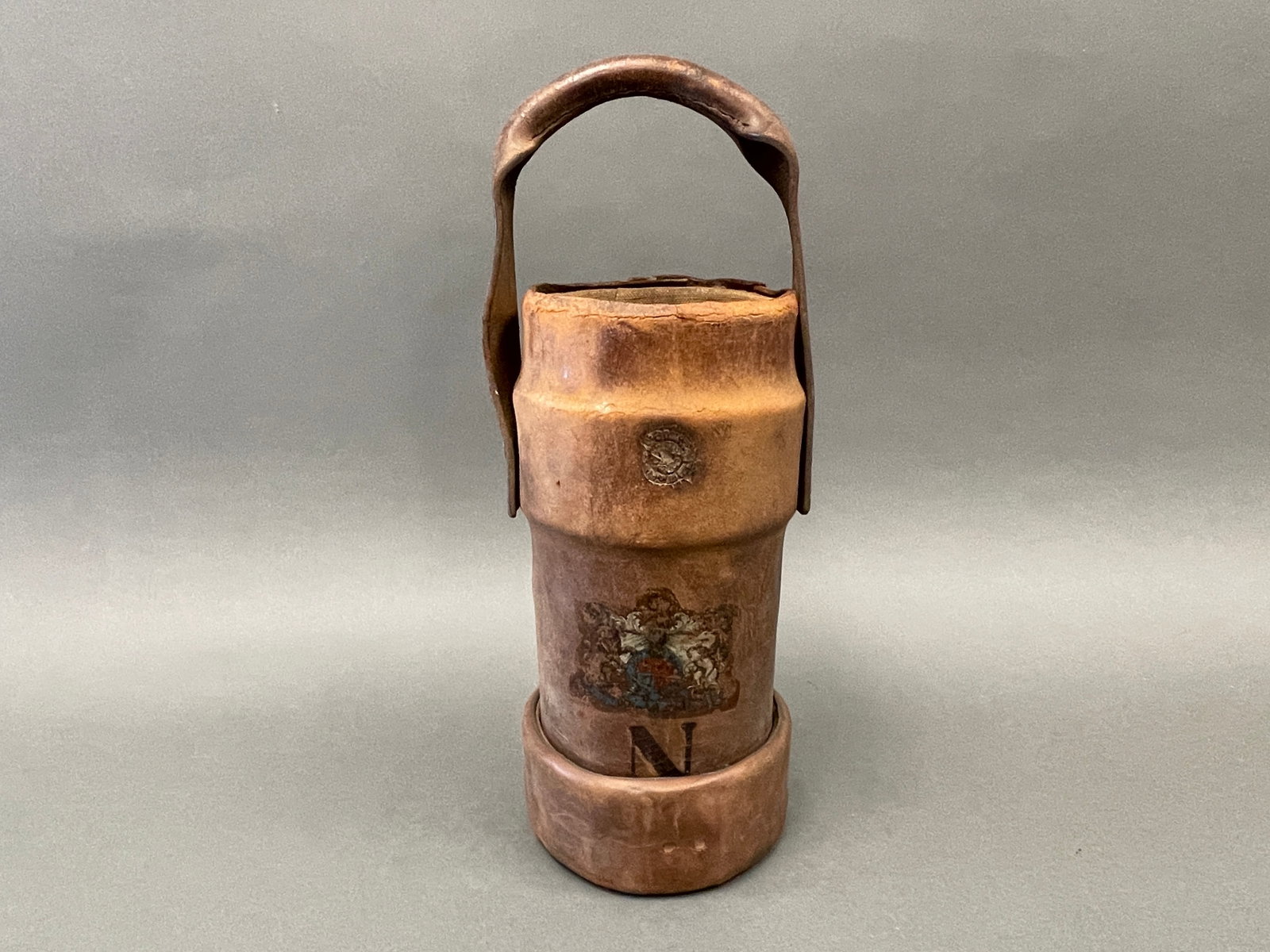 19TH C LEATHER CANNON BALL CARRIER: 19TH C LEATHER CANNON BALL CARRIER, 13 X 6