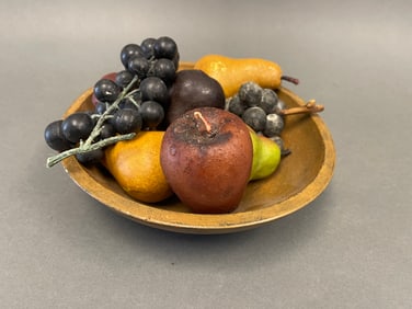 EARLY PAINTED WOODEN BOWL WITH STONE FRUIT
